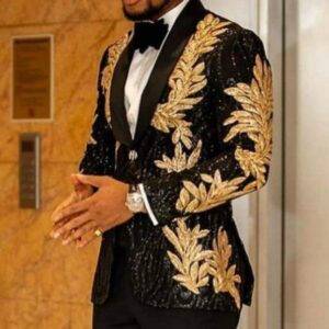 Lovee Tux 2 Pieces Men's Shiny Sequins Gold Applique Suits Prom Tuxedos Grooms Jacket Wedding Party Suits (Blazer+Pants)(34,Black)