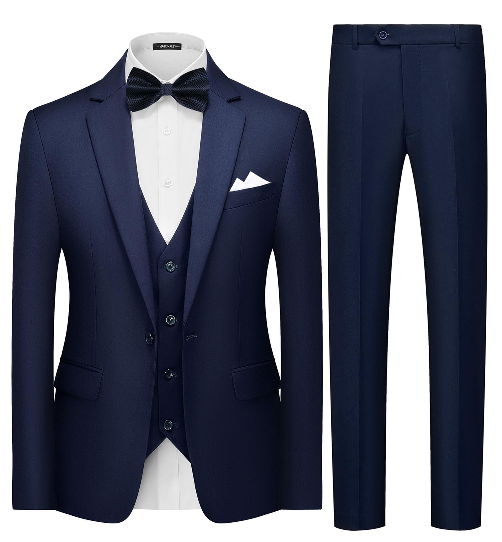 MAGE MALE Mens 3 Piece Suits Slim Fit Tuxedo Suit Set Soild Prom Wedding Suits One Button Blazer Vest Pants Set with Bow Tie Navy Blue