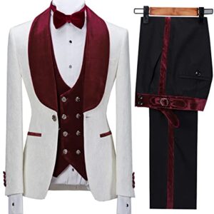 Men Suit 3 Pieces Jacquard Floral Shawl Collar Paisley Tuxedo Solid Suit Wedding Prom Suit-42,Burgundy