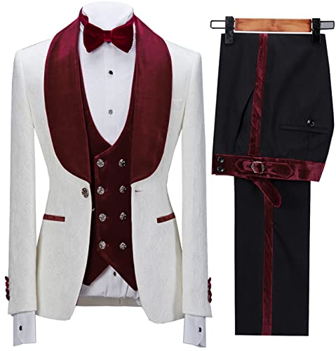 Men Suit 3 Pieces Jacquard Floral Shawl Collar Paisley Tuxedo Solid Suit Wedding Prom Suit-42,Burgundy