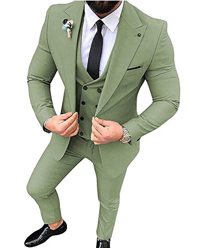 Men's Sage 3 Piece Suit Slim Fit Formal Wedding Groom Pants Tux Vest Tuxedos 36/30