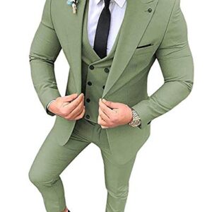 Men's Sage 3 Piece Suit Slim Fit Formal Wedding Groom Pants Tux Vest Tuxedos 36/30