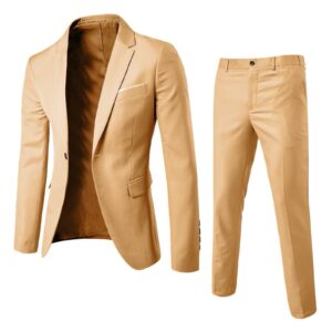 men's 3 piece suit slim fit solid one button tuxedo suits for party wedding business blazer jacket vest pants set(01#khaki,x-large)