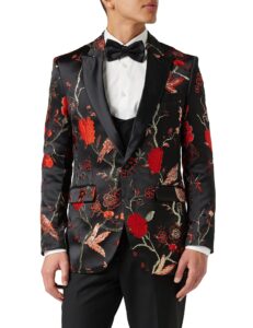 mens floral bird embroidery black gold tux jacket stunning party wedding blazer waistcoat[tux-8600-1,46,black-red]