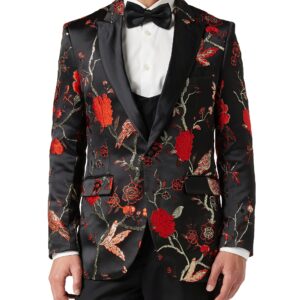 Mens Floral Bird Embroidery Black Gold Tux Jacket Stunning Party Wedding Blazer Waistcoat[TUX-8600-1,46,Black-Red]