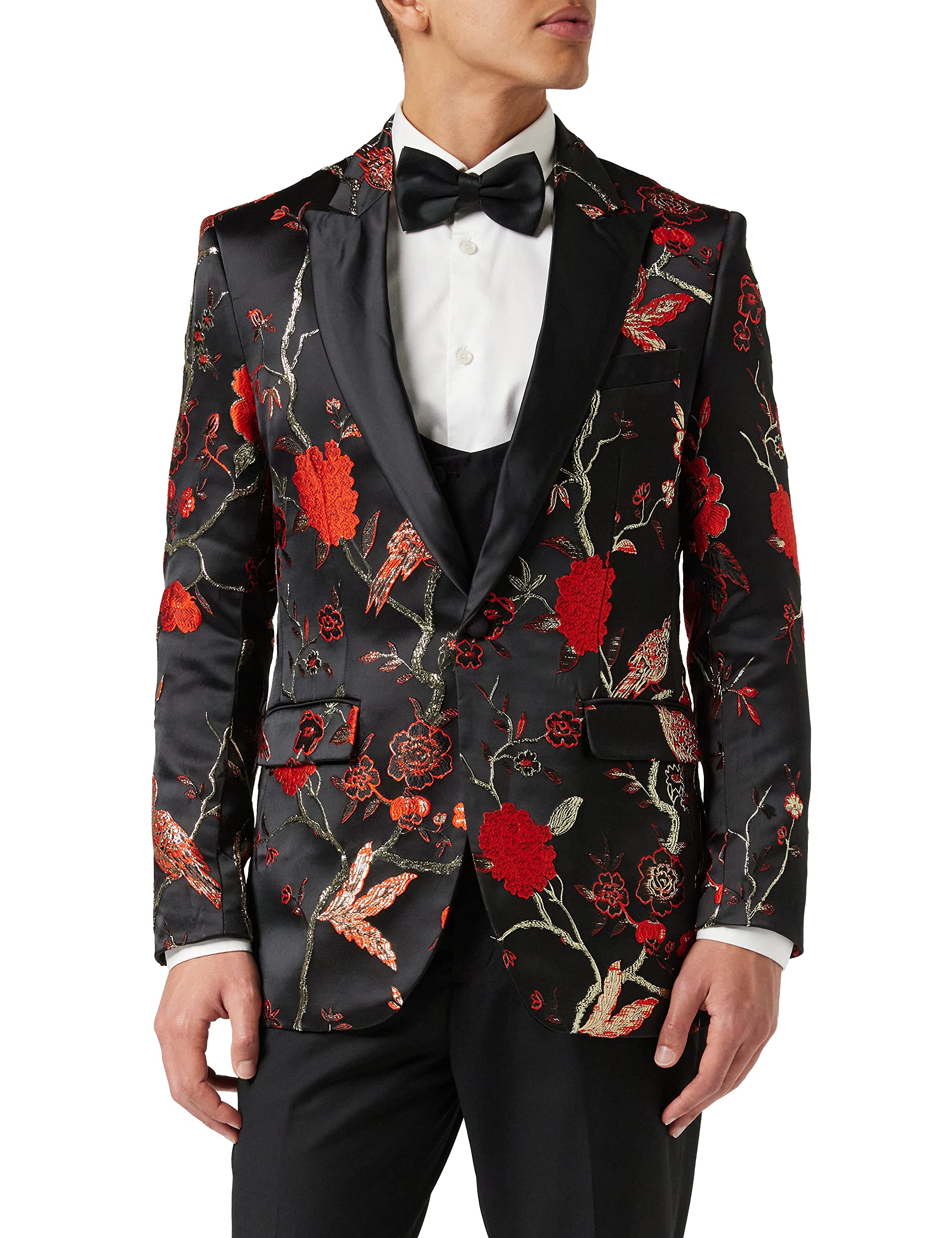 Mens Floral Bird Embroidery Black Gold Tux Jacket Stunning Party Wedding Blazer Waistcoat[TUX-8600-1,46,Black-Red]