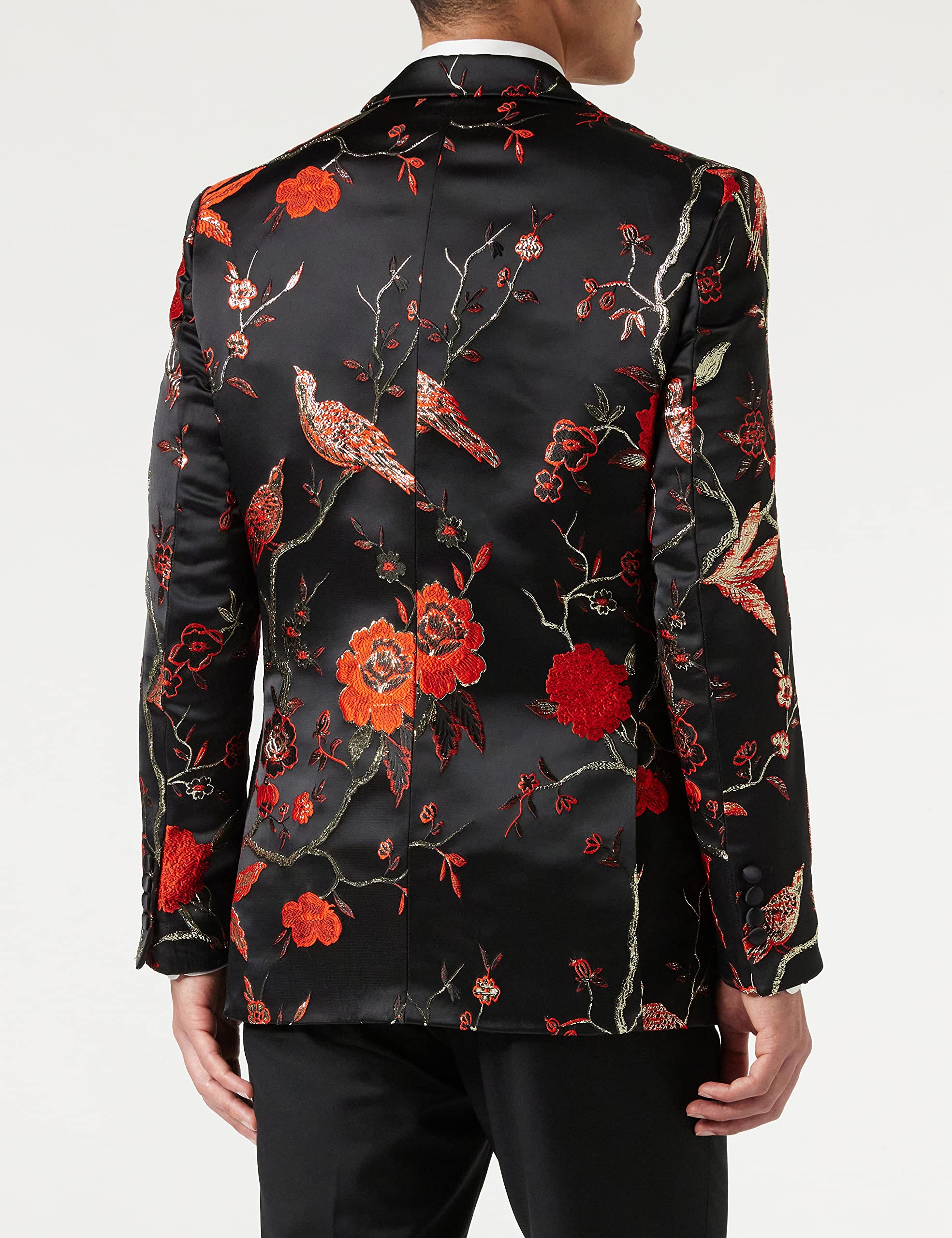 Mens Floral Bird Embroidery Black Gold Tux Jacket Stunning Party Wedding Blazer Waistcoat[TUX-8600-1,46,Black-Red]