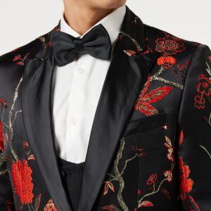 Mens Floral Bird Embroidery Black Gold Tux Jacket Stunning Party Wedding Blazer Waistcoat[TUX-8600-1,46,Black-Red]