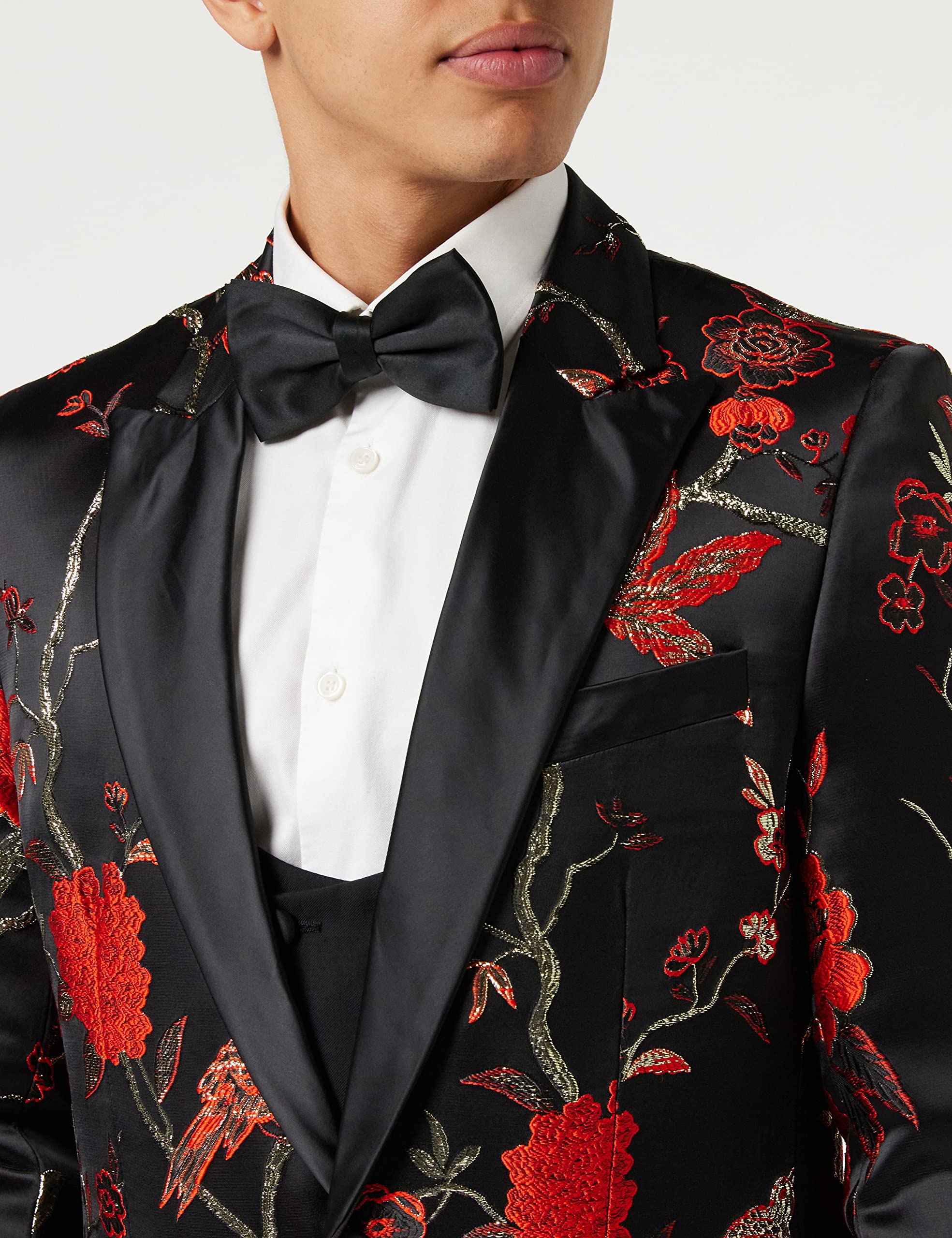 Mens Floral Bird Embroidery Black Gold Tux Jacket Stunning Party Wedding Blazer Waistcoat[TUX-8600-1,46,Black-Red]