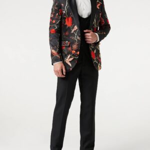 Mens Floral Bird Embroidery Black Gold Tux Jacket Stunning Party Wedding Blazer Waistcoat[TUX-8600-1,46,Black-Red]