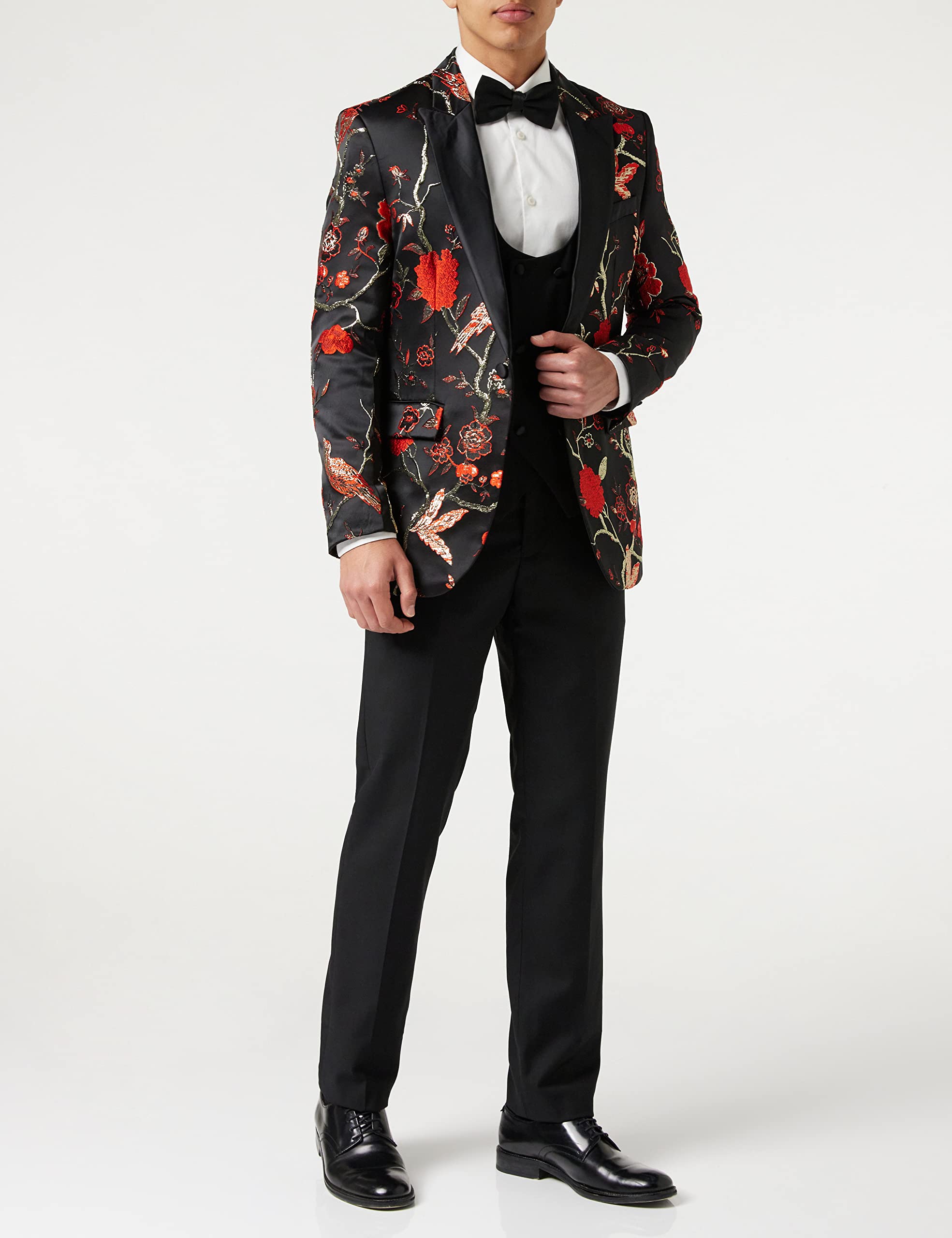 Mens Floral Bird Embroidery Black Gold Tux Jacket Stunning Party Wedding Blazer Waistcoat[TUX-8600-1,46,Black-Red]