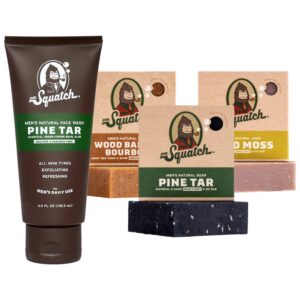 dr. squatch men's face wash and bar soap bundle - exfoliating face wash made with natural ingredients - pine tar face wash and pine tar bar soap, wood barrel bourbon, and gold moss