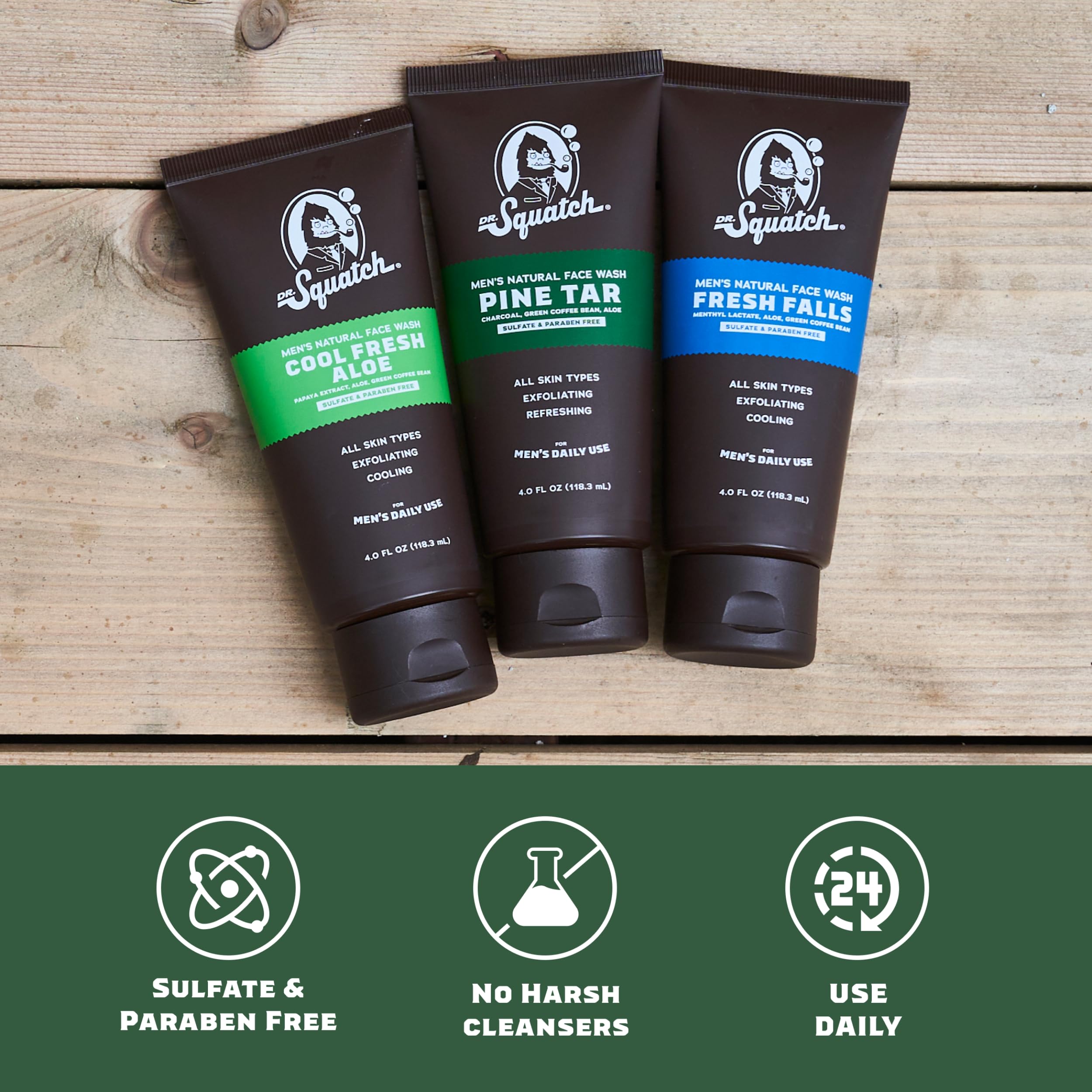 Dr. Squatch Men's Face Wash and Bar Soap Bundle - Exfoliating Face Wash made with Natural Ingredients - Pine Tar Face Wash and Pine Tar Bar Soap, Wood Barrel Bourbon, and Gold Moss