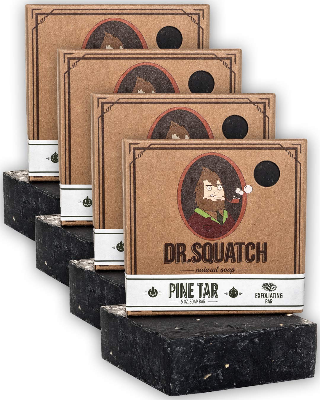 Dr. Squatch Pine Tar Soap 4-Pack Bundle – Bar Soap for Men with Natural Woodsy Scent and Skin Exfoliating Scrub – Handmade with Pine, Coconut, Olive Organic Oils in USA (4 Bar Set)