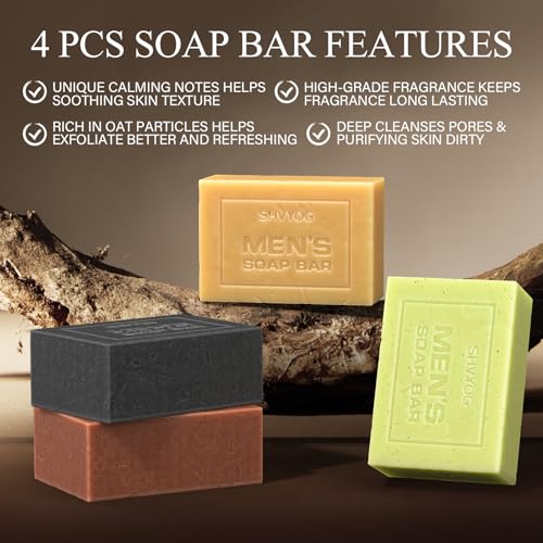 SHVYOG 4 Pcs Mens Soap, Mens Bar Soap, Natural Soap for Men, Cold Pressed Handmade Exfoliating Soap, Deep Cleansing, Moisturizing Bar Soap for Body & Face - Sandalwood Amber, Mint, Charcoal, Turmeric