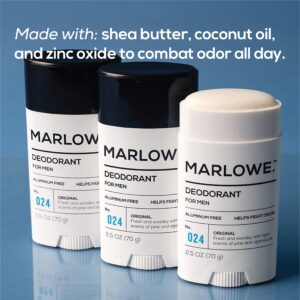 MARLOWE. No. 024 Mens Deodorant 2.5 oz, Natural Deodorant for Men, Aluminum Free Stick, Made with Coconut Oil, Shea Butter & Jojoba, Only No-Nonsense Ingredients, Fresh & Woodsy Scent