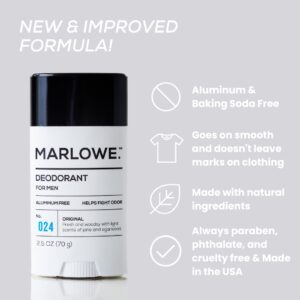 MARLOWE. No. 024 Mens Deodorant 2.5 oz, Natural Deodorant for Men, Aluminum Free Stick, Made with Coconut Oil, Shea Butter & Jojoba, Only No-Nonsense Ingredients, Fresh & Woodsy Scent