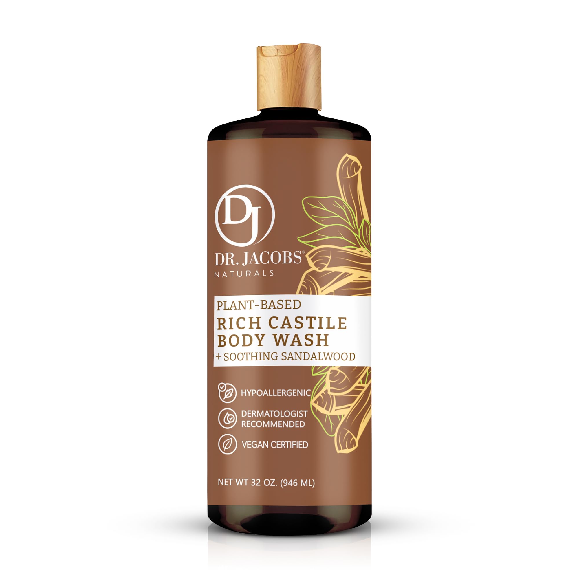 DR. JACOBS NATURALS Castile Sandalwood All-Natural Body Wash for Moisturizing Dry and Sensitive Skin Shampoo with Plant-Based Ingredients Gluten, Preservatives-Free Formula - 32 oz, Pack of 1