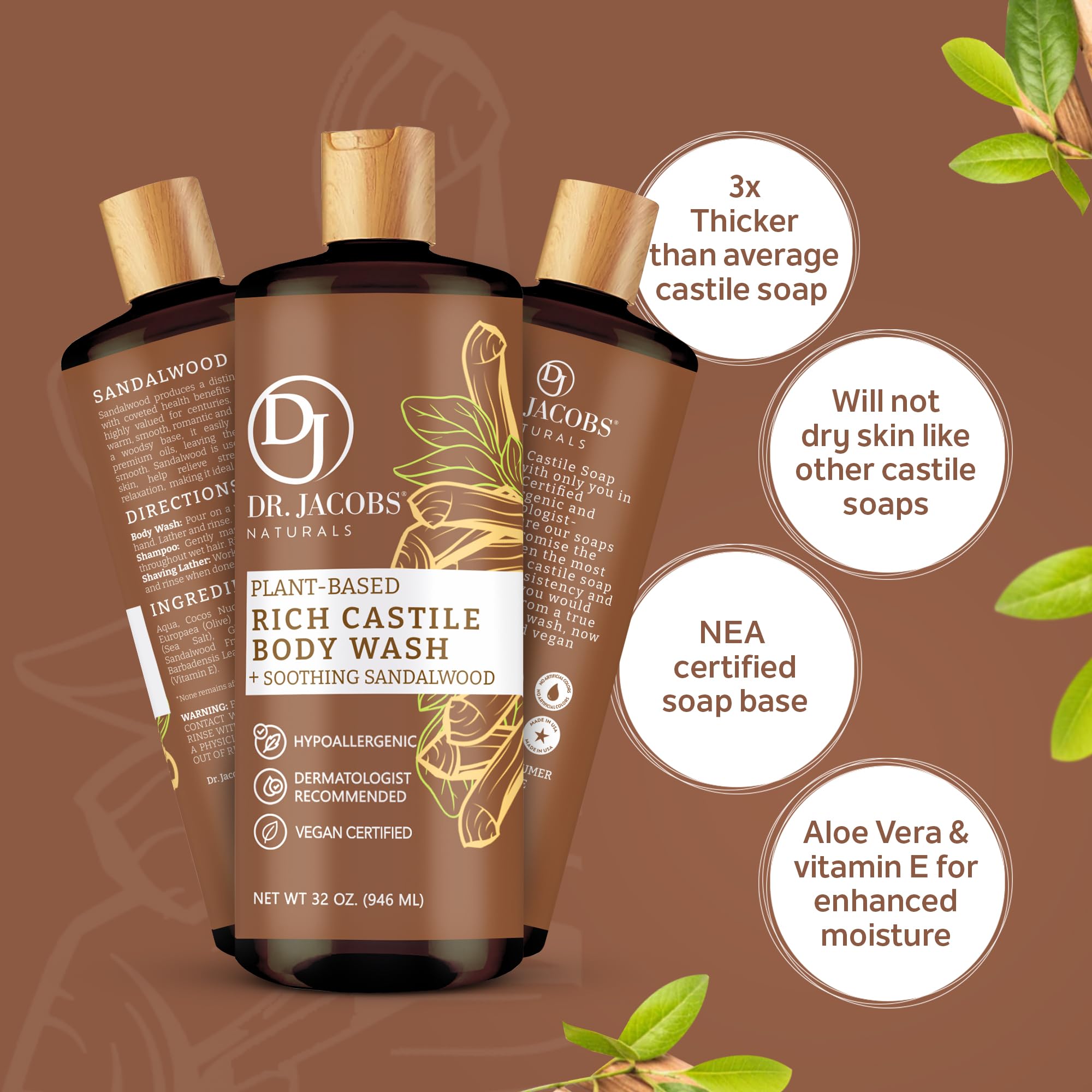 DR. JACOBS NATURALS Castile Sandalwood All-Natural Body Wash for Moisturizing Dry and Sensitive Skin Shampoo with Plant-Based Ingredients Gluten, Preservatives-Free Formula - 32 oz, Pack of 1