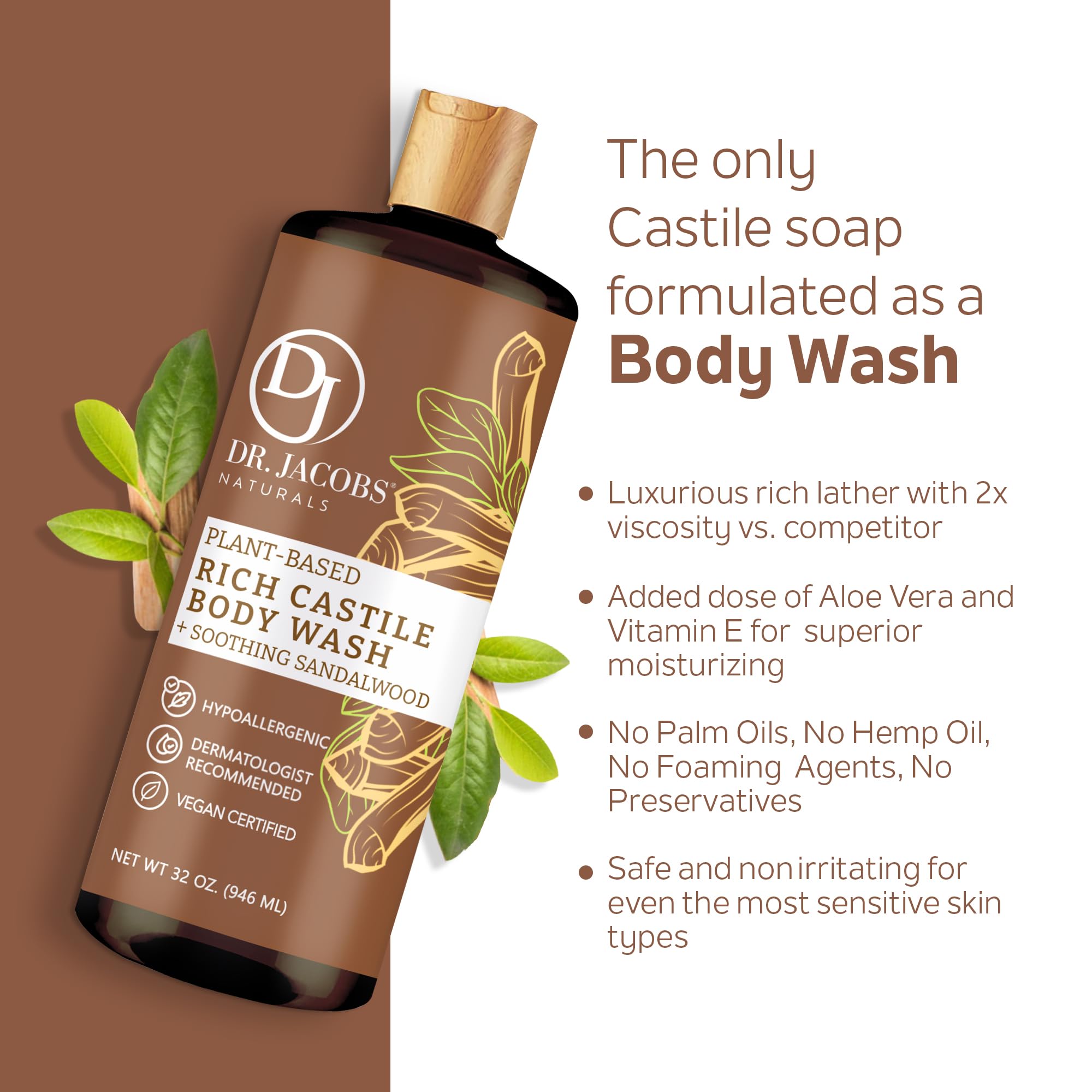 DR. JACOBS NATURALS Castile Sandalwood All-Natural Body Wash for Moisturizing Dry and Sensitive Skin Shampoo with Plant-Based Ingredients Gluten, Preservatives-Free Formula - 32 oz, Pack of 1