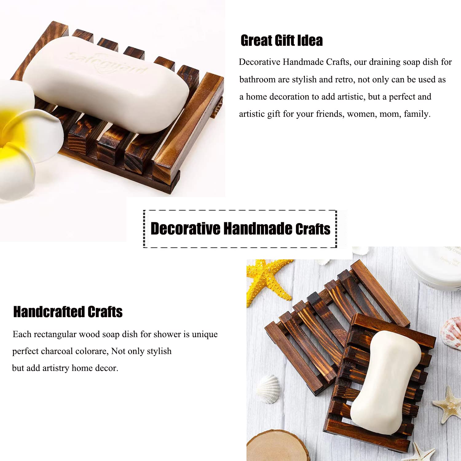 Self Draining Soap Dish Holder/ Tray, 3 Pcs Natural Wooden Soap Saver, Soap Case for Shower, Bathroom, Extend Soap Life, Keep Soap Bars Dry Clean & Easy Cleaning（Charcoal）