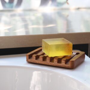 Soap Dish with Slanted Waterfall Design by HTB, Bar Soap Holder Teak Wood, Soap Saver for Shower, Bathroom, Sink, Kitchen and Countertop