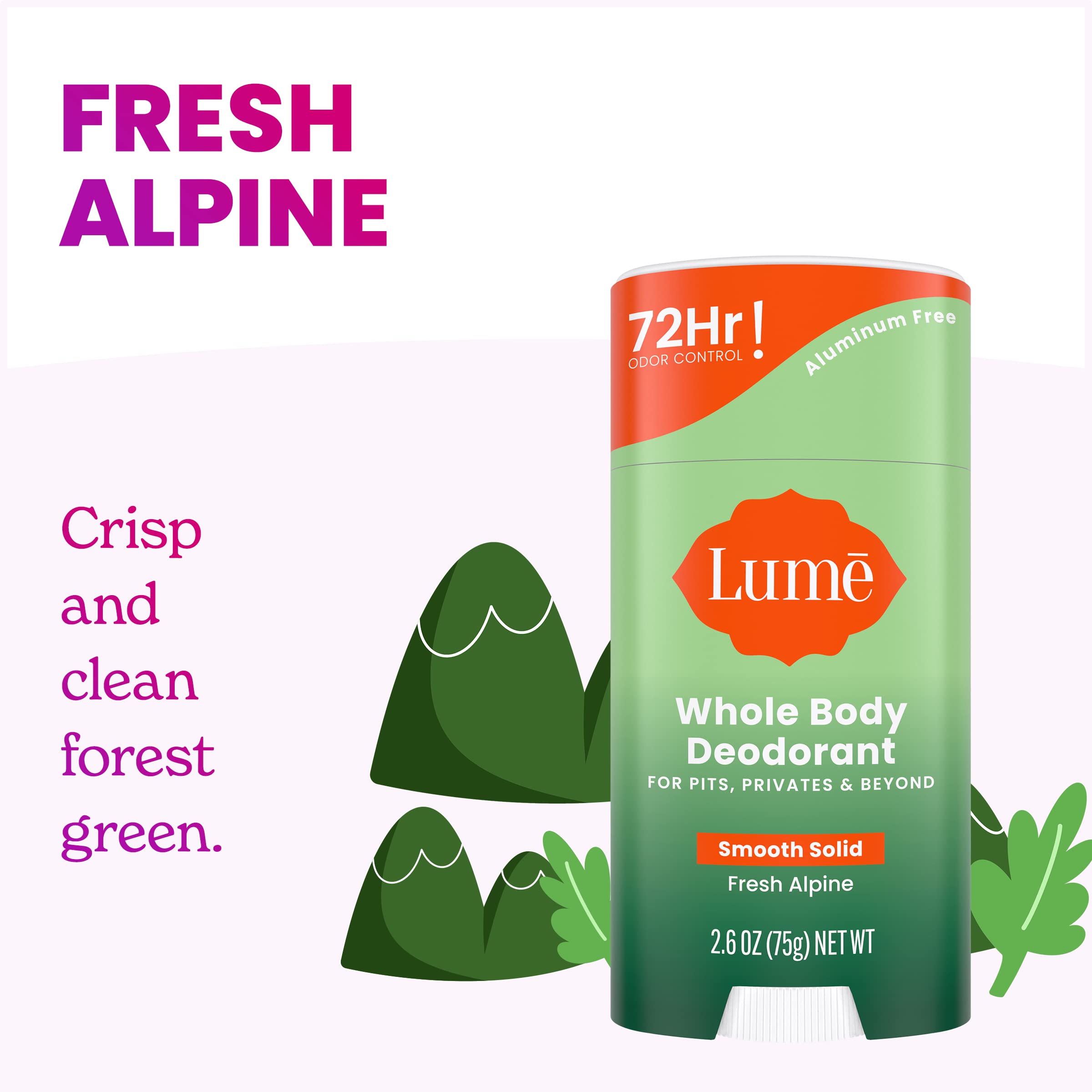 Lume Whole Body Deodorant - Smooth Solid Stick - 72 Hour Odor Control - Aluminum Free, Baking Soda Free and Skin Safe - 2.6 Ounce (Pack of 2) (Fresh Alpine)