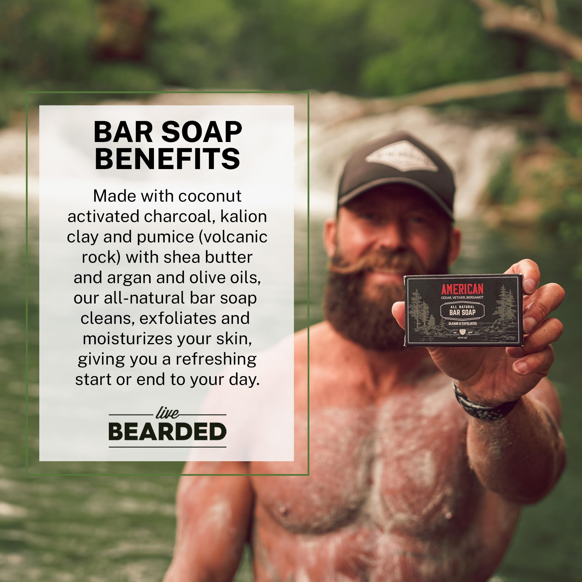 Live Bearded: All-Natural Bar Soap For Men, 3-Pack of 3 5 oz. Bars, Made in the USA - Exfoliates, Moisturizes - Bamboo, Charcoal, Pumice, Coconut, Avocado, and Argan Oils - American Scent