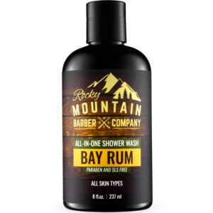 rocky mountain barber company bay rum all-in-one body wash - shampoo, body wash, conditioner, face wash & beard wash with aloe leaf juice - 8 oz