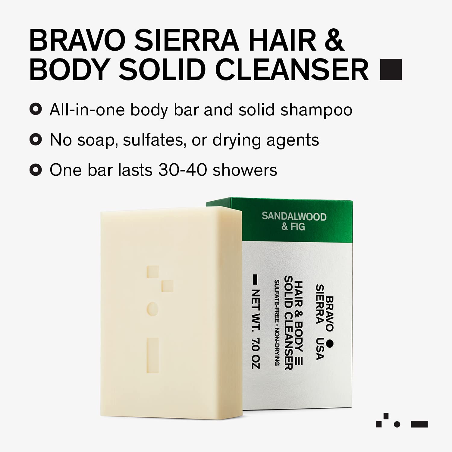 Bravo Sierra Body and Hair Mens Soap Bar All-In-One Shampoo & Soap for Men's Face, Hair & Body - Sandalwood & Fig, 7 oz - Coconut, Shea Butter and Oat Flour for Soft Skin and Healthy Hair