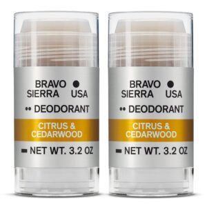 aluminum-free natural deodorant for men by bravo sierra, 2-pack - long lasting all-day odor and sweat protection - citrus and cedarwood, 3.2 oz - paraben-free, baking soda free, vegan & cruelty-free