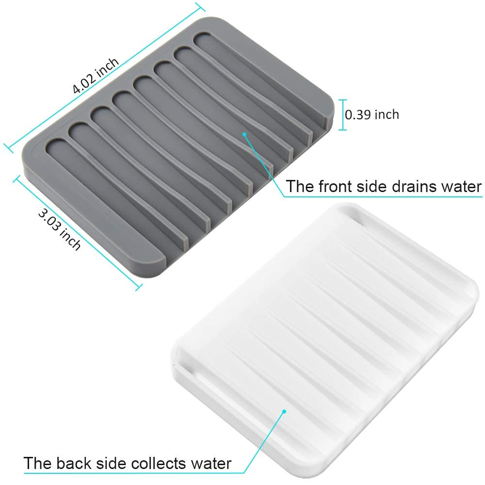 2PCS Soap Dish Holder, Premium Silicone Soap Dishes for Shower Bathroom Kitchen Sinks， Soap Tray Saver Drainer, Self-draining Waterfall, Non-Slip Design, Easy Cleaning (White, Gray)