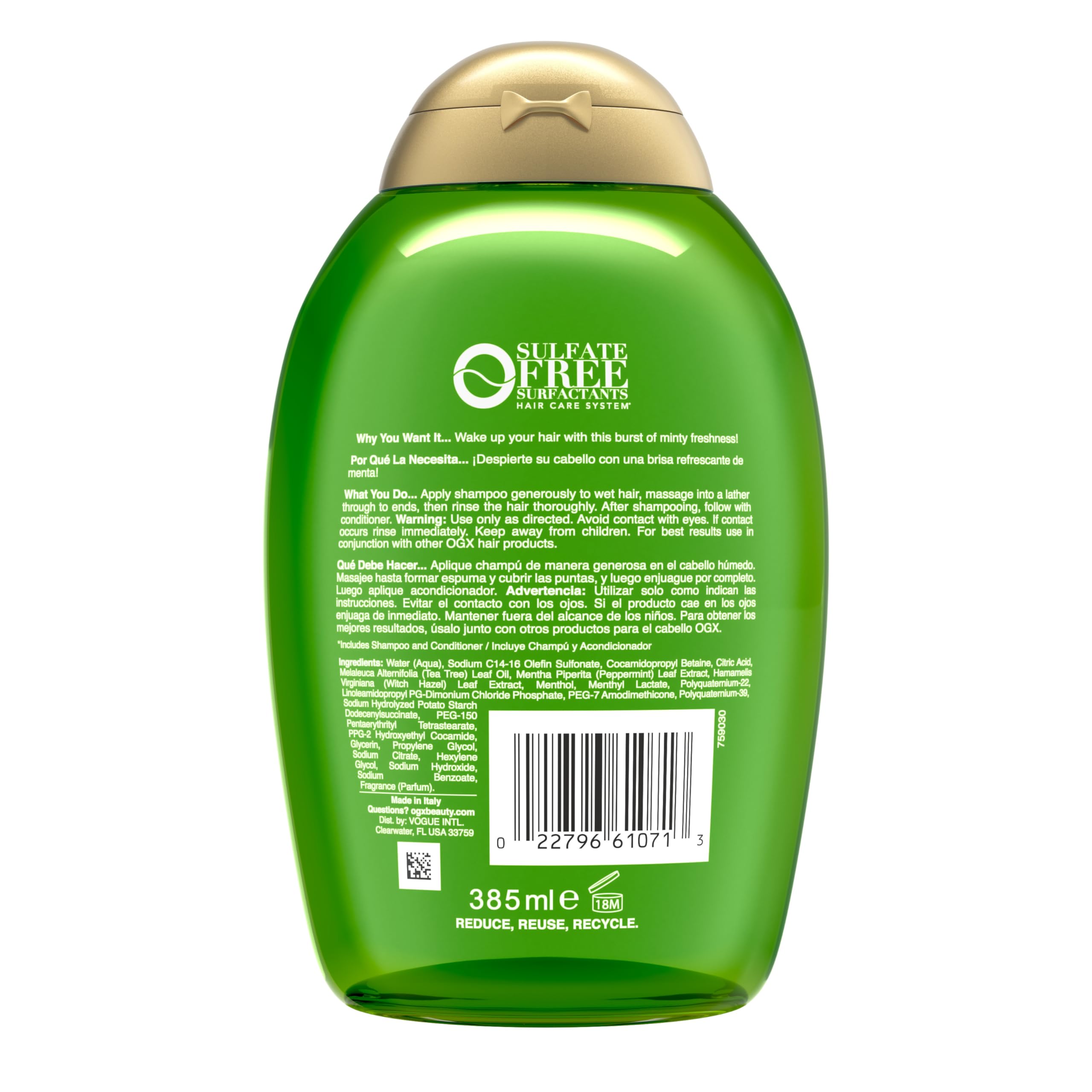 OGX Extra Strength Refreshing Scalp + Teatree Mint , Invigorating Scalp Shampoo with Tea Tree & Peppermint Oil & Witch Hazel, Paraben/ Sulfate-Free Surfactants, 13 fl oz