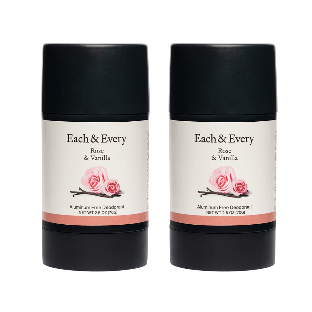 Each & Every 2-Pack Natural Aluminum-Free Deodorant for Sensitive Skin with Essential Oils, Plant-Based Packaging (Rose & Vanilla, 2.5 Ounce (Pack of 2))