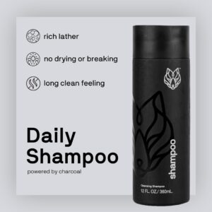 Black Wolf - Everyday Men’s Shampoo, 12 Fl Oz - Charcoal Powder Cleanses Scalp and Fights Dirty & Greasy Hair - Thick and Rich Lather - For All Hair Types