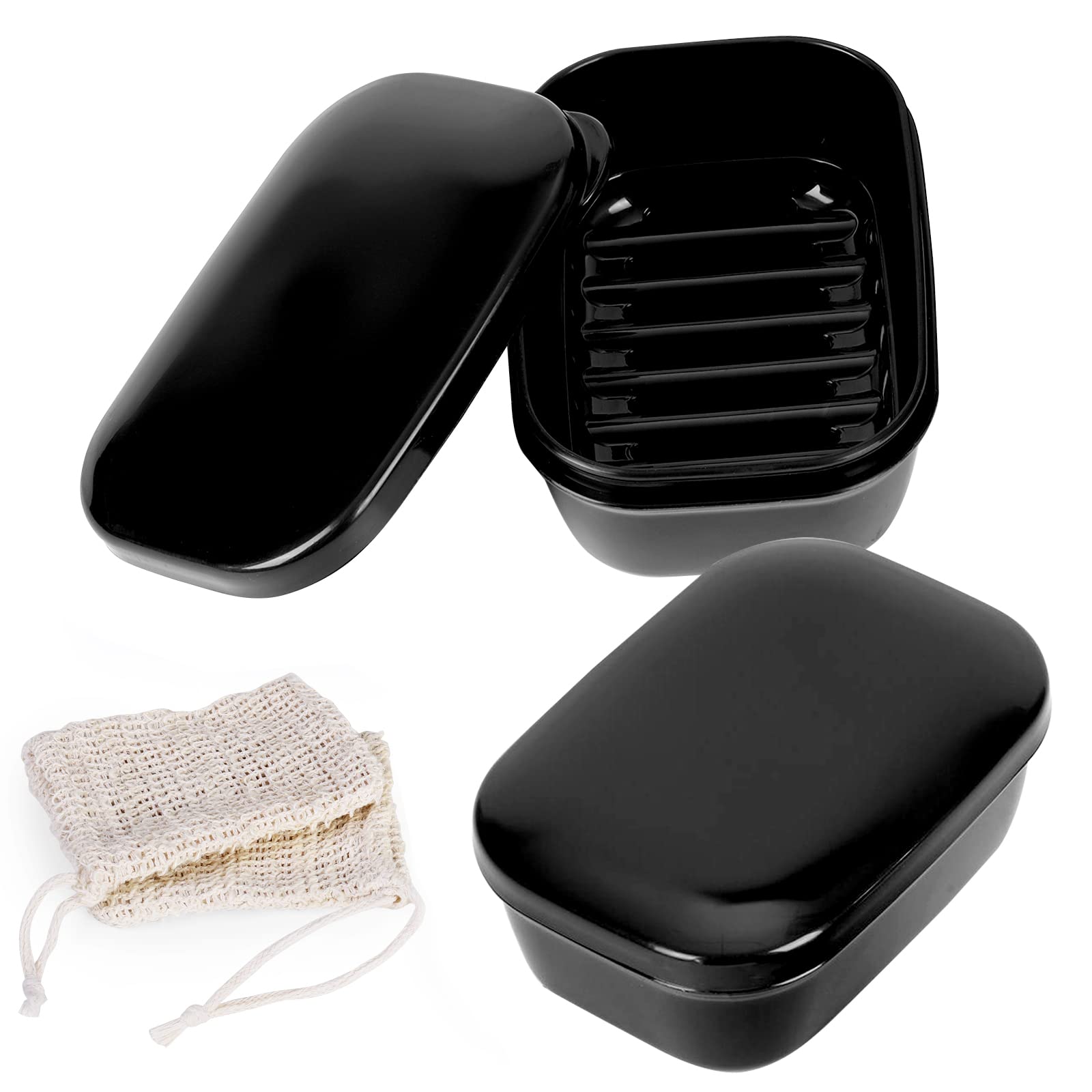 Quatish 2 Pack Soap Dish with Soap Saver Bag, Travel Soap Holder with Lid, Portable Bar Soap Case, Leakproof Soap Box with Perforations, Plastic Soap Holder for Traveling, Camping, Gym, Black