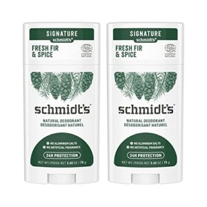 schmidt's aluminum free natural deodorant fresh fir & spice 2-pk for women and men, with 24 hour odor protection, certified natural, cruelty free, vegan deodorant 2.65oz