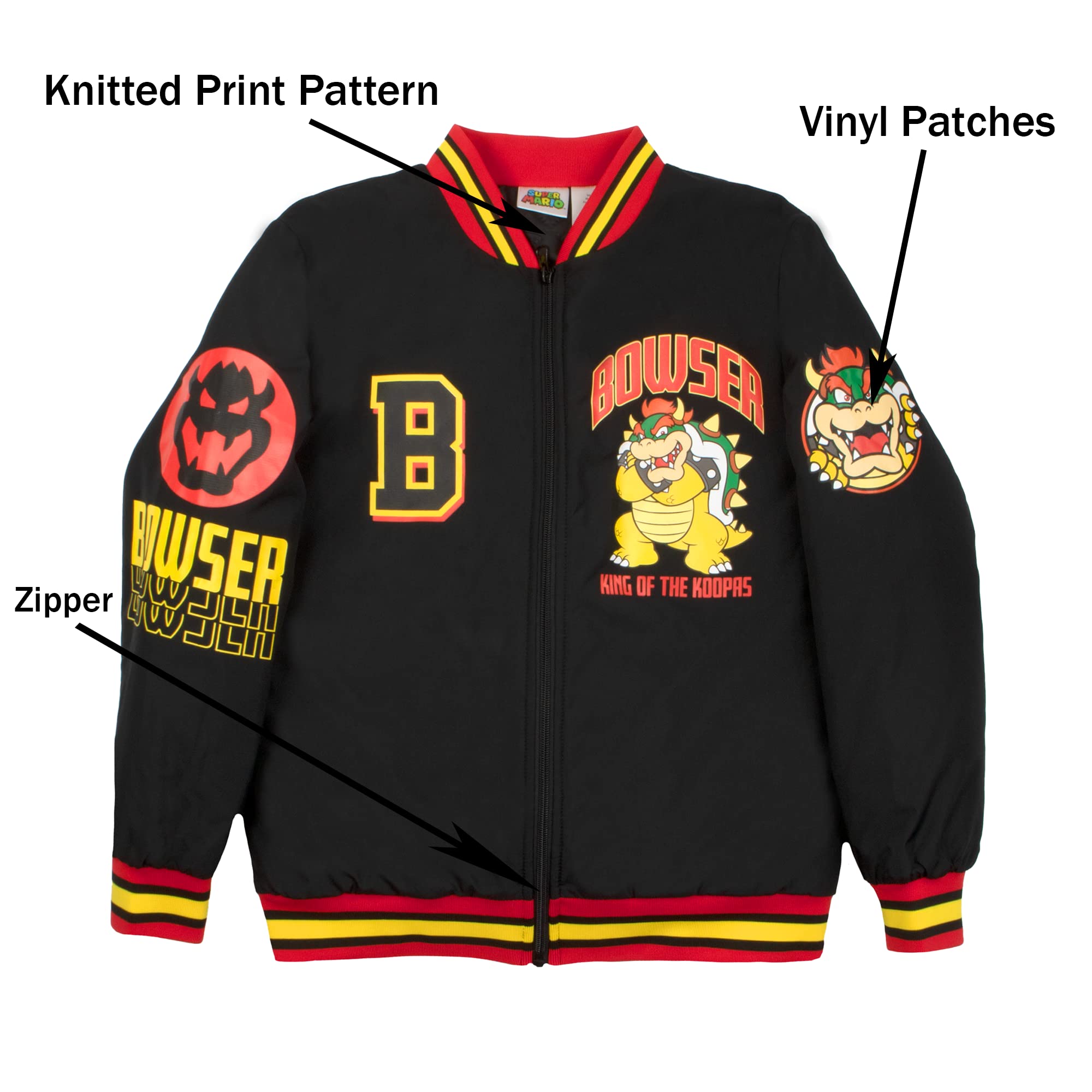 Nintendo Super Mario Bomber Jacket for Boys, Mario and Luigi Bomber Jacket (Bowser Black, Size 4)