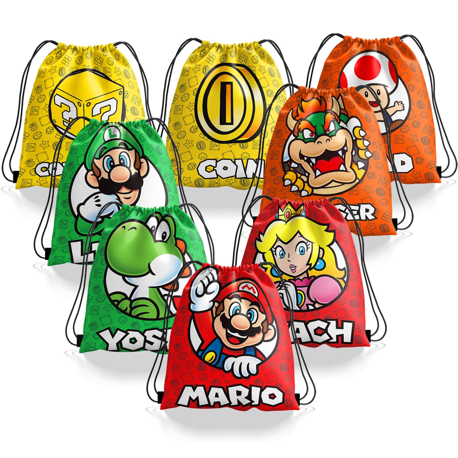 YOPENMOUNE 12 Pieces Mario Candy Drawstring Bag Drawstring Goodie Favor Bags for Boys and Girls Cartoon Birthday Party Decorations