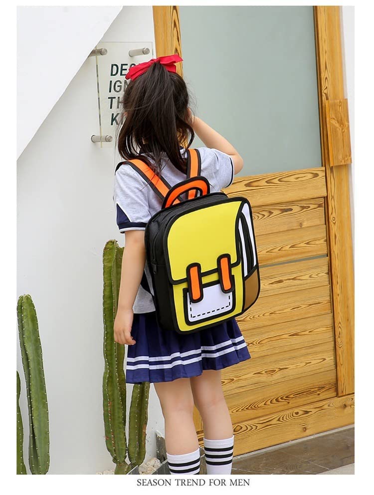 3D Jump Style Kawaii Backpack Sketch Cute Cartoon 2D Drawing from Comic Paper Anime Bookbag School Supplies Fun Daypack (Yellow)