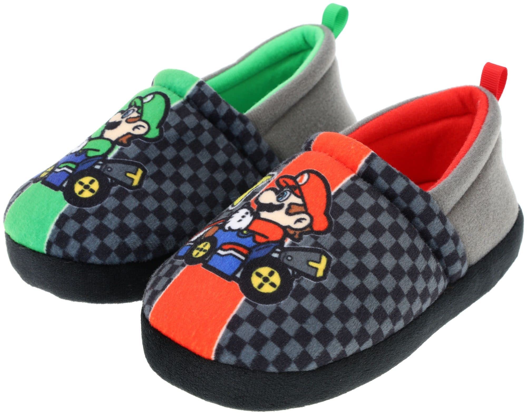 Super Mario Boys Slippers, Mario Kart Mismatched A-Line, Black, Size 10/11