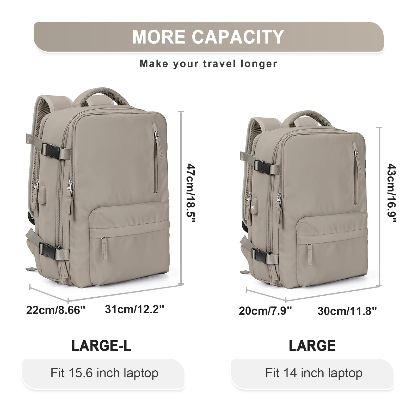 Large Travel Backpack Women, Carry On Backpack, Hiking Backpack Waterproof Outdoor Sports Rucksack Casual Daypack with USB Charging Port Shoes Compartment, Grey Brown