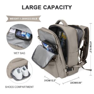 Large Travel Backpack Women, Carry On Backpack, Hiking Backpack Waterproof Outdoor Sports Rucksack Casual Daypack with USB Charging Port Shoes Compartment, Grey Brown