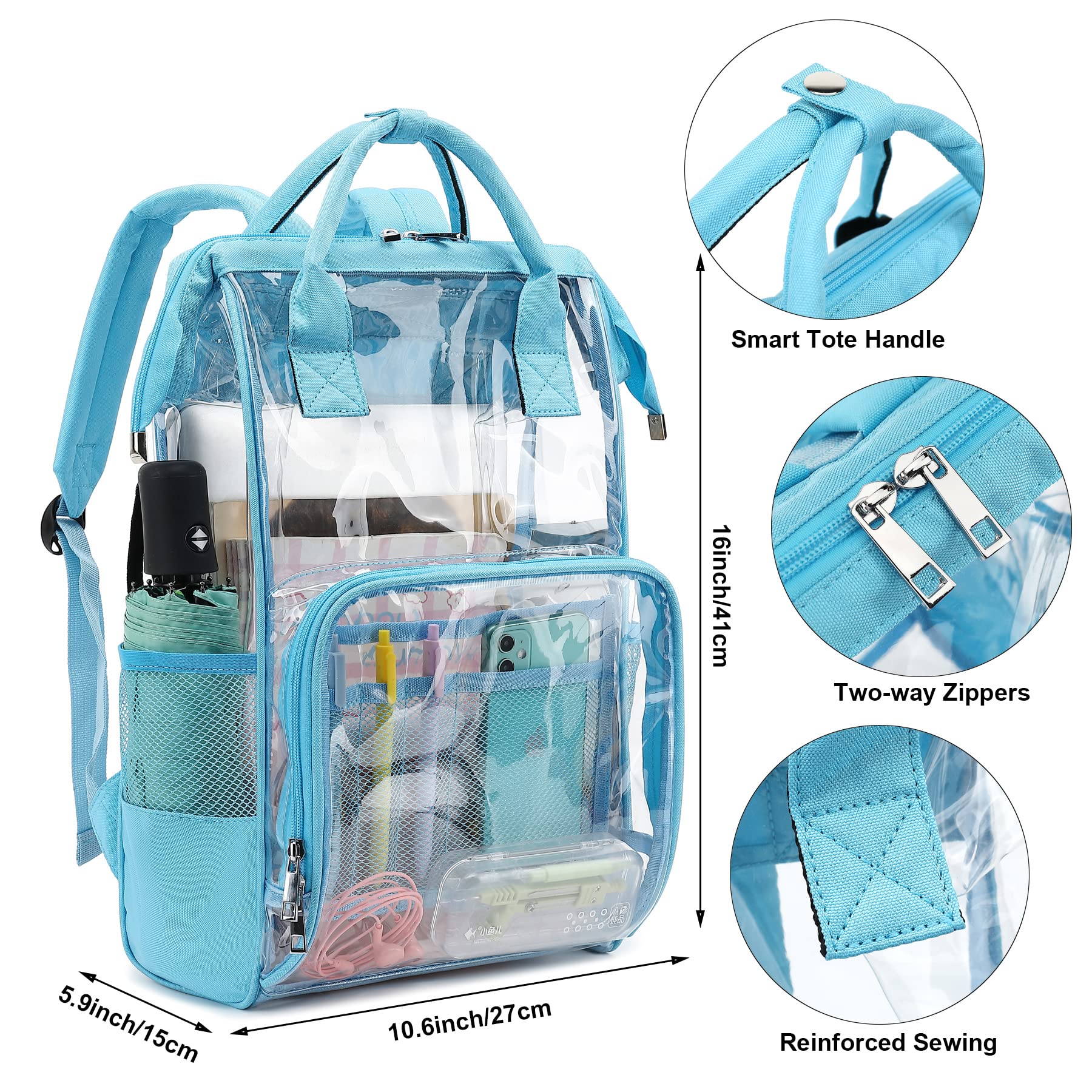 Yusudan Heavy Duty Clear Backpack for Men Women, School Bag Bookbag PVC Plastic Transparent Backpacks for Boys Girls (Light Blue)