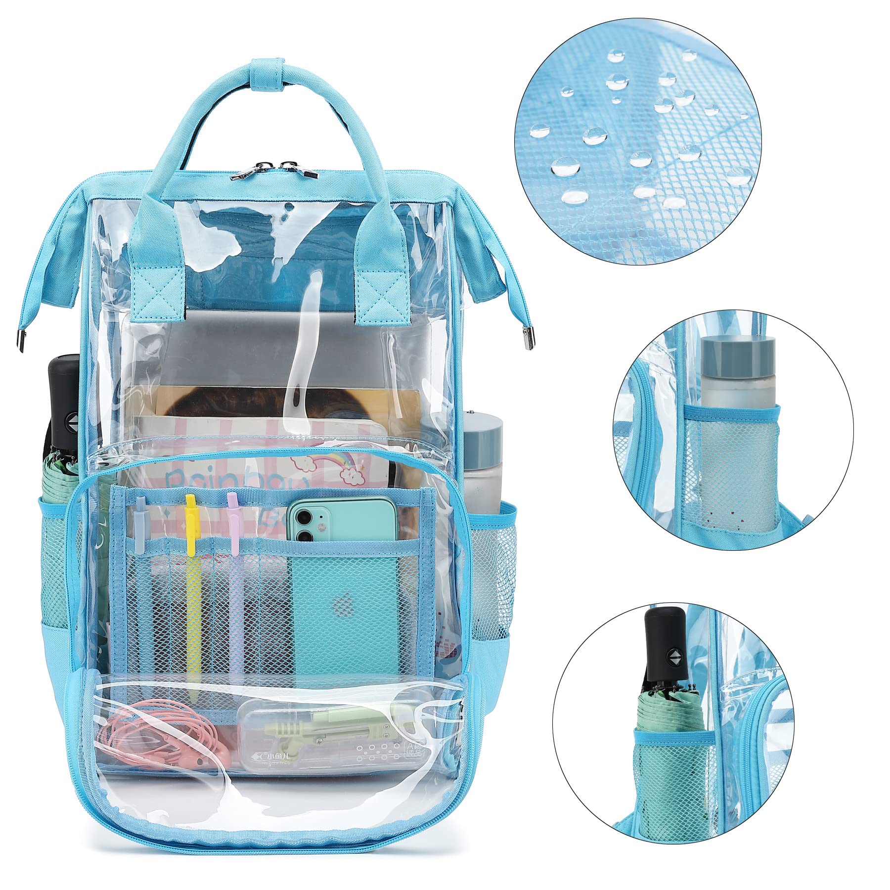 Yusudan Heavy Duty Clear Backpack for Men Women, School Bag Bookbag PVC Plastic Transparent Backpacks for Boys Girls (Light Blue)