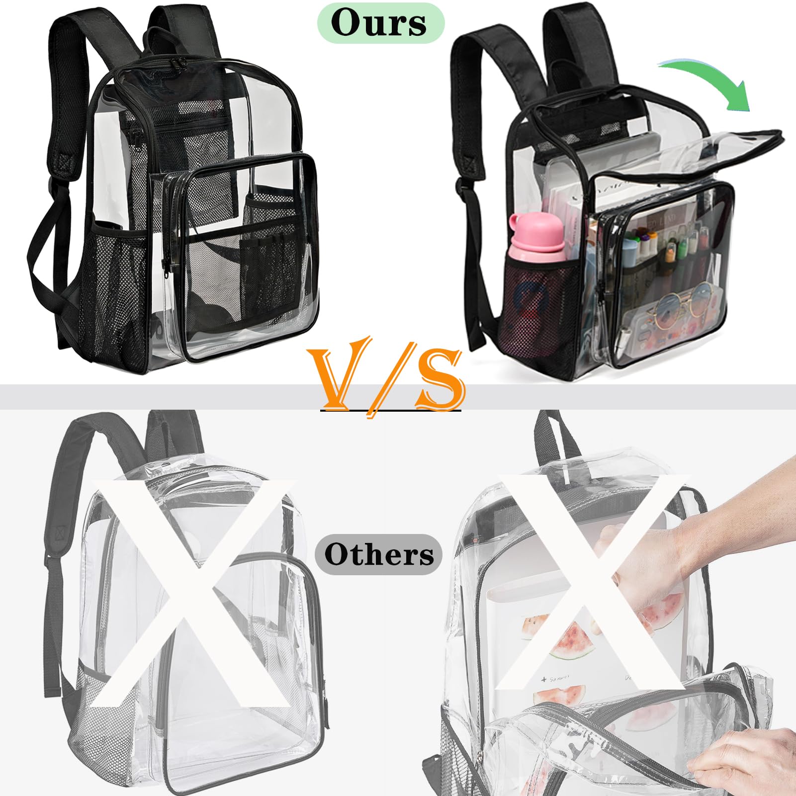 KUI WAN Clear Backpacks for School Large Clear Bookbag with Multi-Pockets PVC Transparent Backpack for College,Clear Black