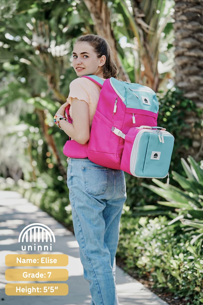 uninni 16" Kid's Backpack for Girls and Boys Age 6+ with Padded, and Adjustable Shoulder Straps. Fits for Height 3'9" Above Kids (Color Block Fuchsia/Green)