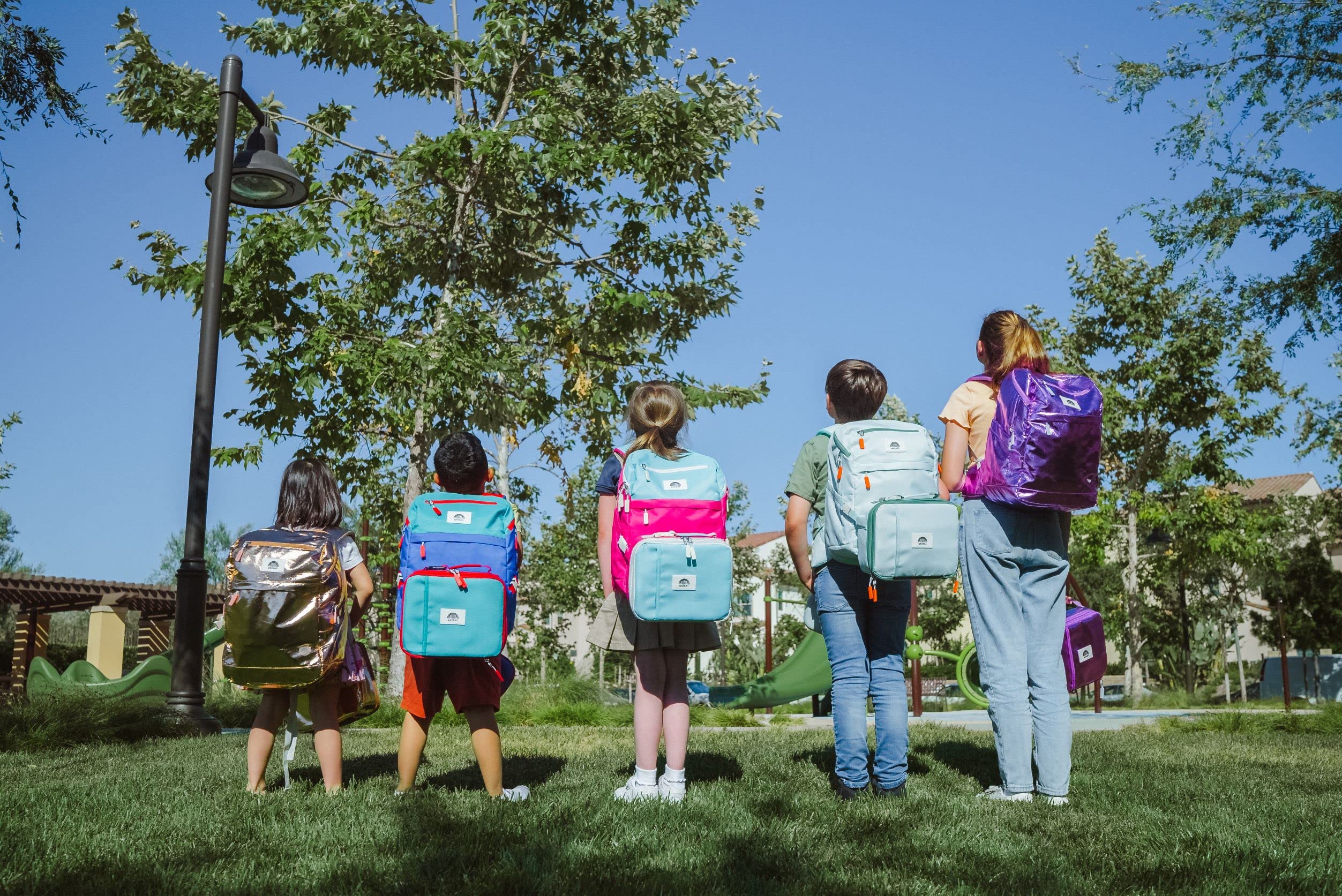 uninni 16" Kid's Backpack for Girls and Boys Age 6+ with Padded, and Adjustable Shoulder Straps. Fits for Height 3'9" Above Kids (Color Block Fuchsia/Green)