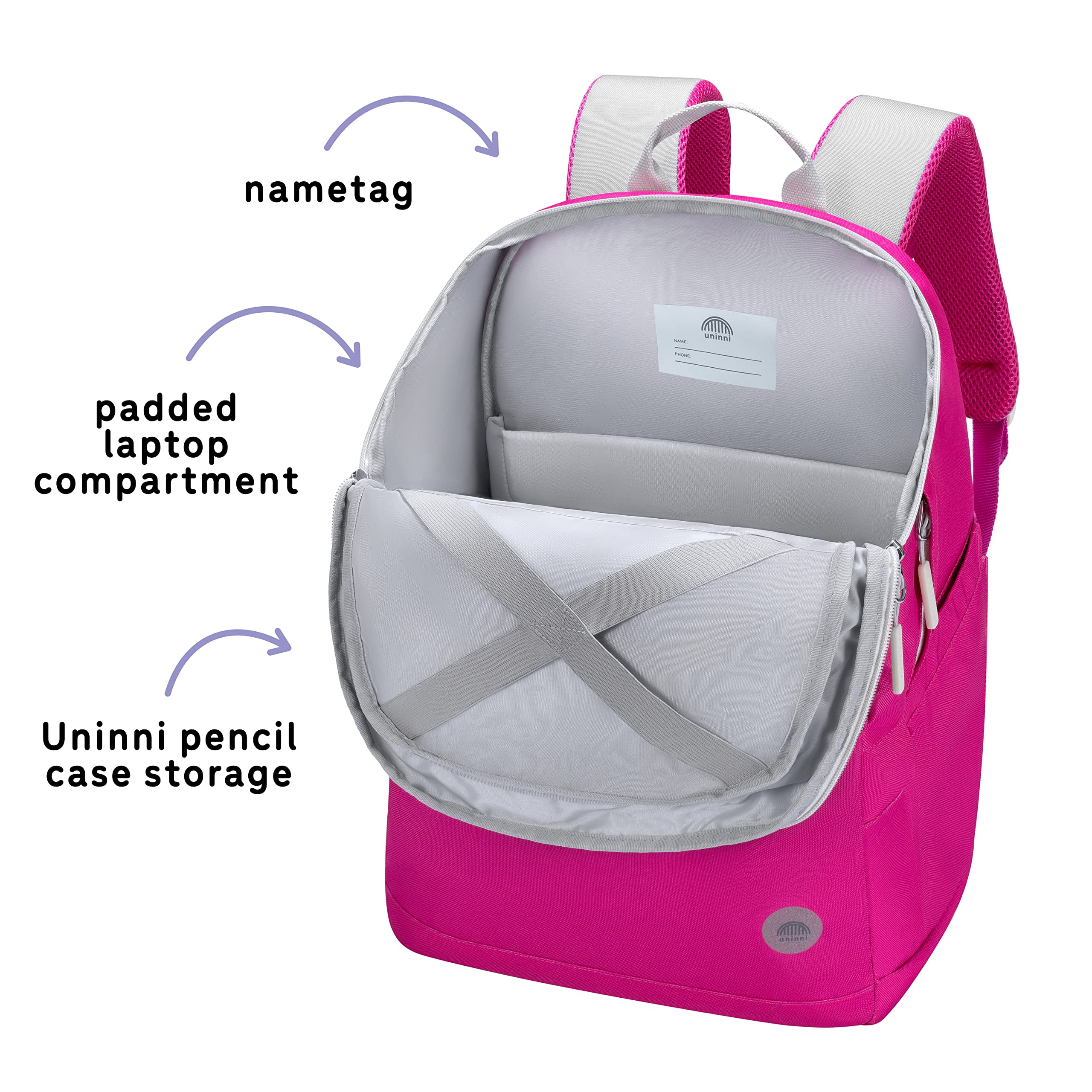 uninni 16" Kid's Backpack for Girls and Boys Age 6+ with Padded, and Adjustable Shoulder Straps. Fits for Height 3'9" Above Kids (Color Block Fuchsia/Green)