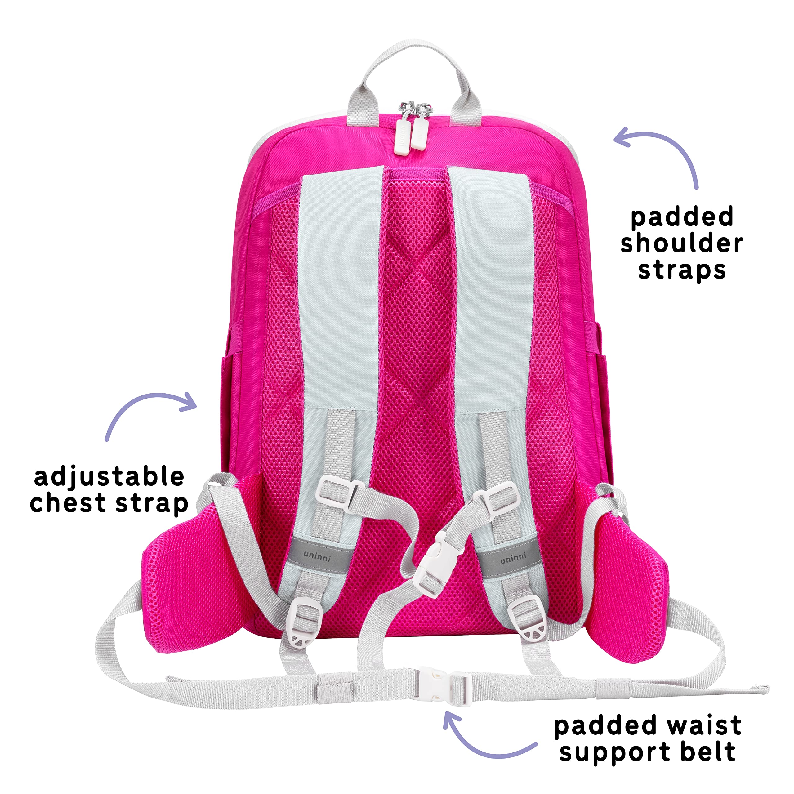 uninni 16" Kid's Backpack for Girls and Boys Age 6+ with Padded, and Adjustable Shoulder Straps. Fits for Height 3'9" Above Kids (Color Block Fuchsia/Green)